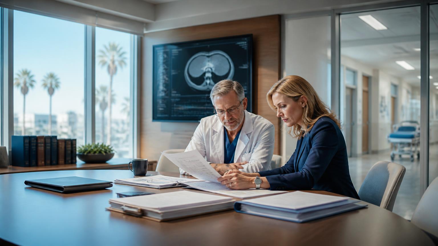 Physician consultant and attorney reviewing a medical record in a California hospital