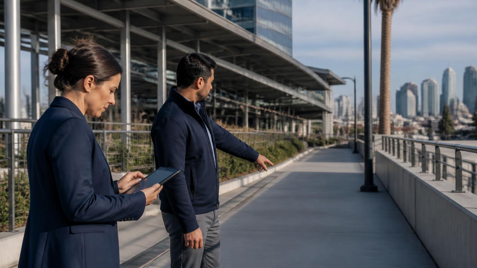 Risk professionals inspecting a commercial property walkway