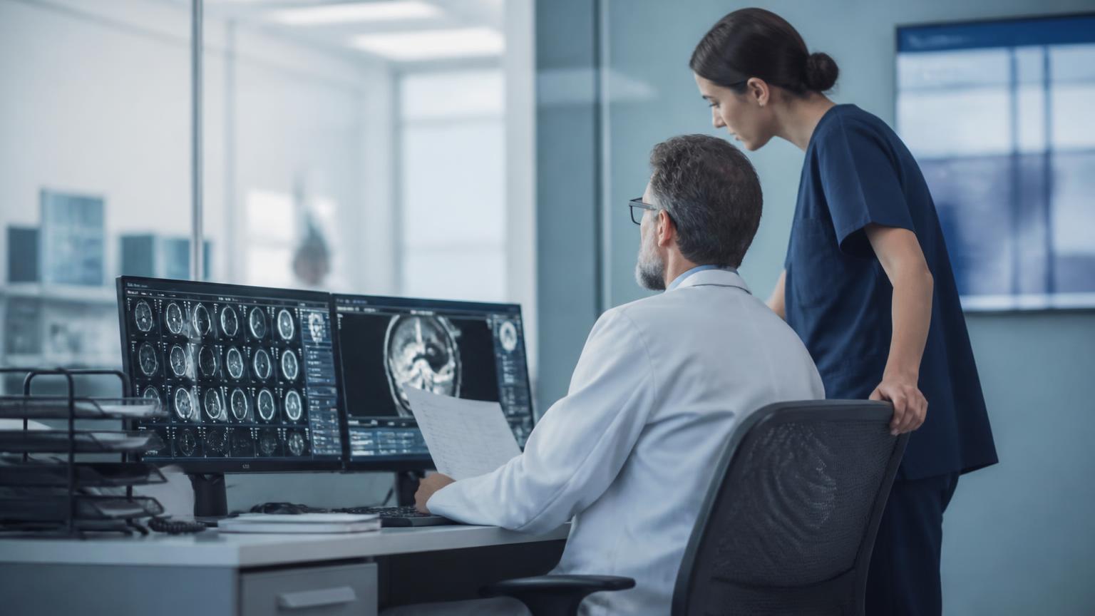 Healthcare professionals reviewing diagnostic imaging in a hospital